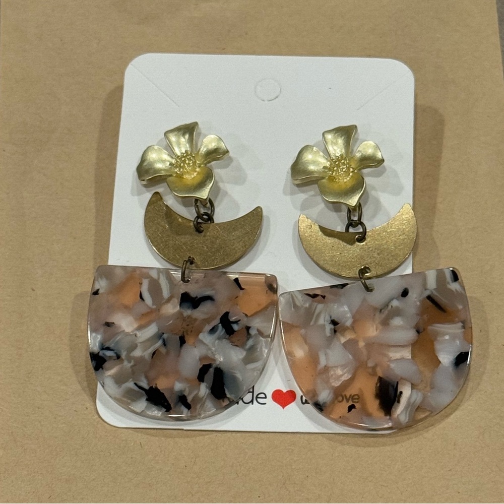 Gold Flower and Moon Drop Earrings
